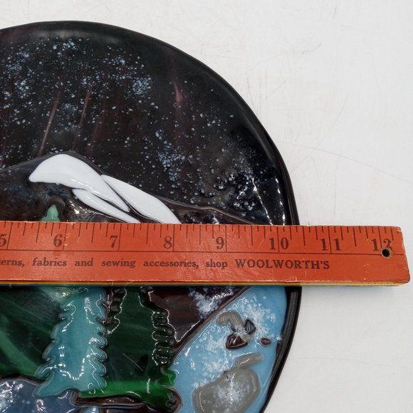 Mountain Landscape Fused Glass Art Winter Snow Tree Forest OOAK Round Plaque - Picture 11 of 11